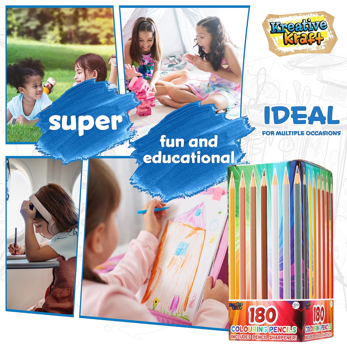 KreativeKraft Coloured Pencils Set of 180 - Colouring Pencils for Kids Teens and Adults - 30