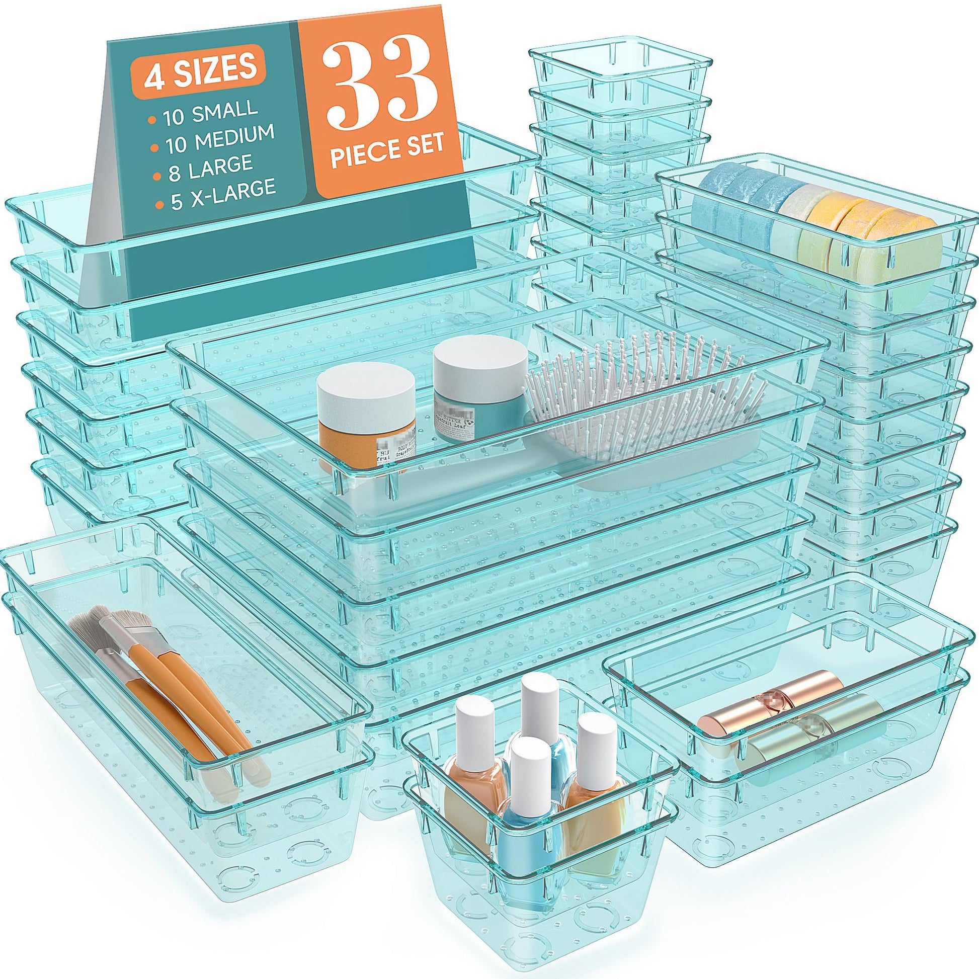 33 PCS Plastic Drawer Organizers Set, 4 Size Desk Drawer Organizer Trays