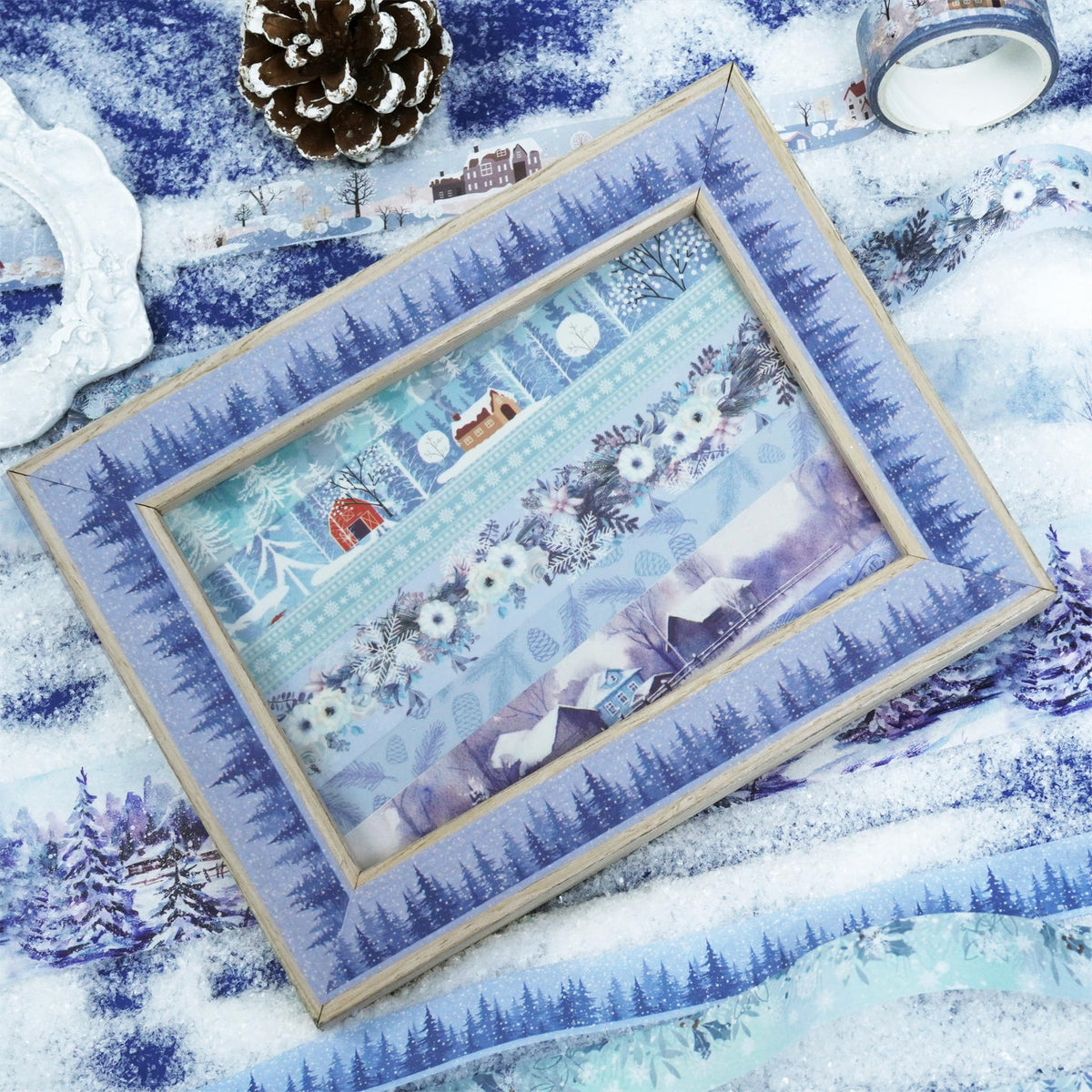 YUBX Winter Washi Tape Set 18 Rolls Landscaping Snow Embellishment Blue White Decorative Masking