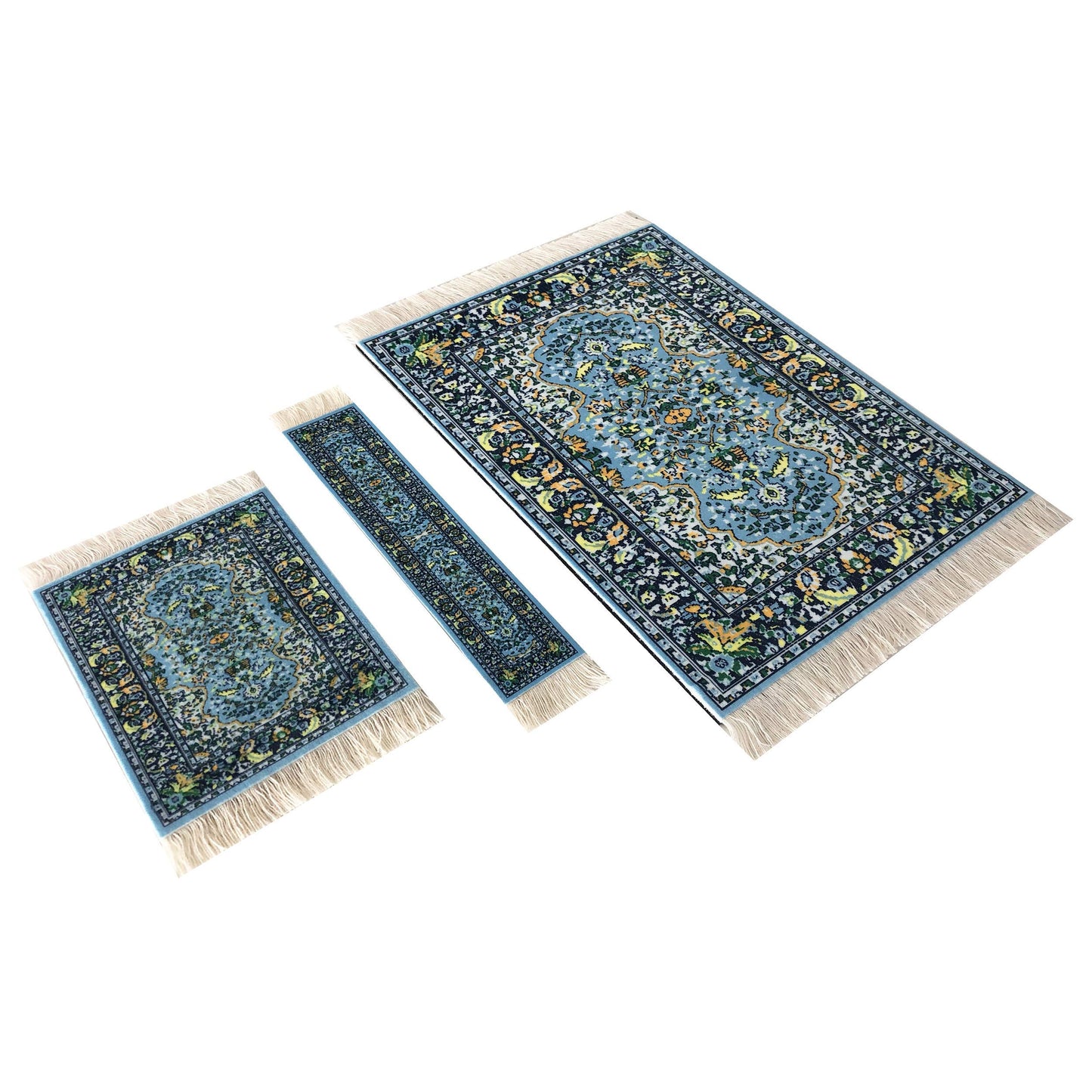 3-Piece Carpet-Style Desk Set – Blue Mouse Pad, Mini Rug Coaster & Bookmark, Colorful Elegant