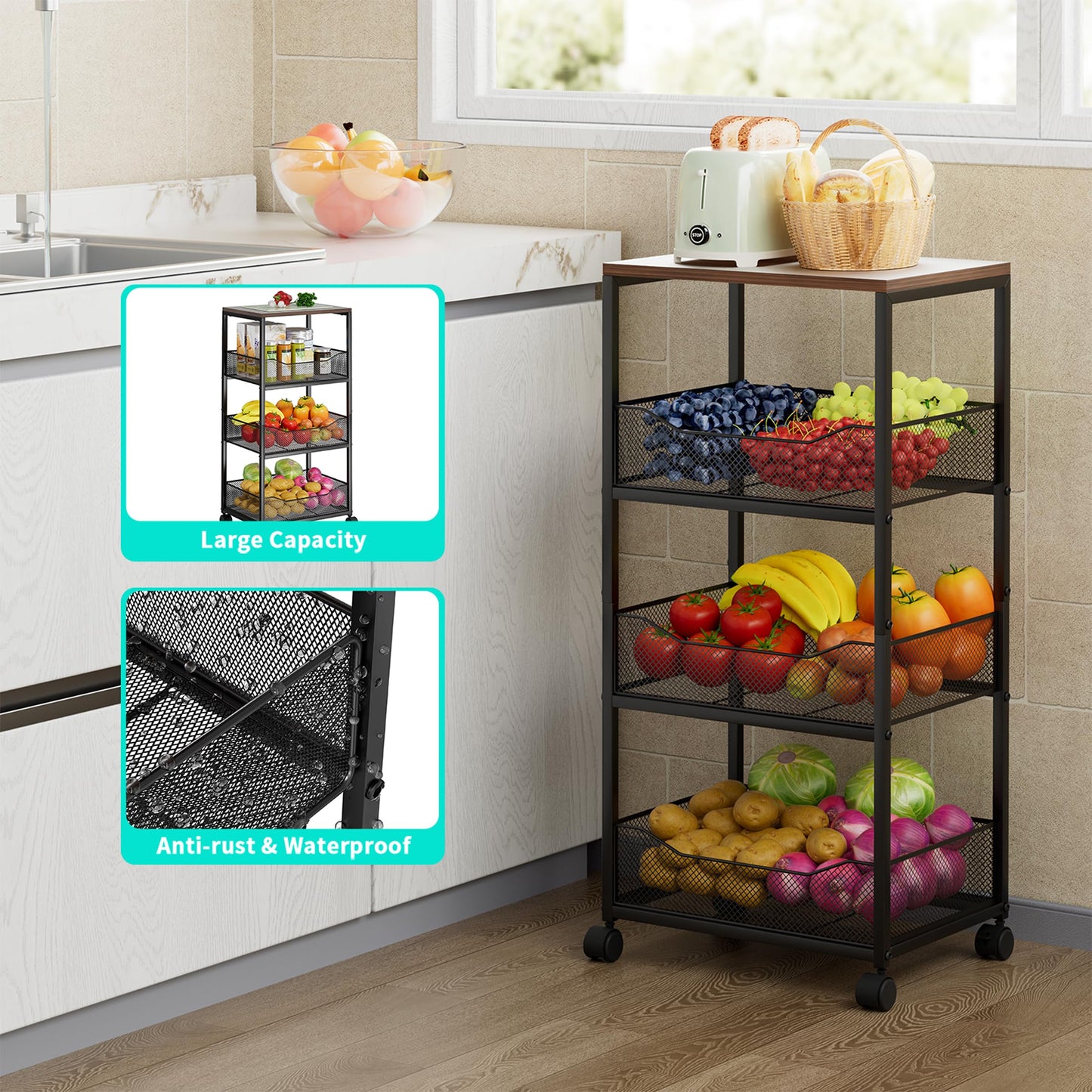 HapiRm Fruit Basket Kitchen Cart - 4-Tier Rolling Storage Cart with Wheels, Fruit Vegetable Basket