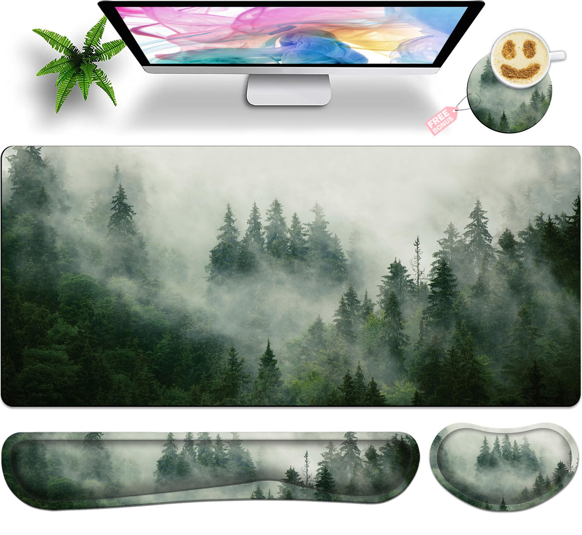 JYCUHTCL Forest Desk Pad Large Gaming Mouse Pad Set 35.4 x 15.7 with Keyboard Wrist Rest, Wrist