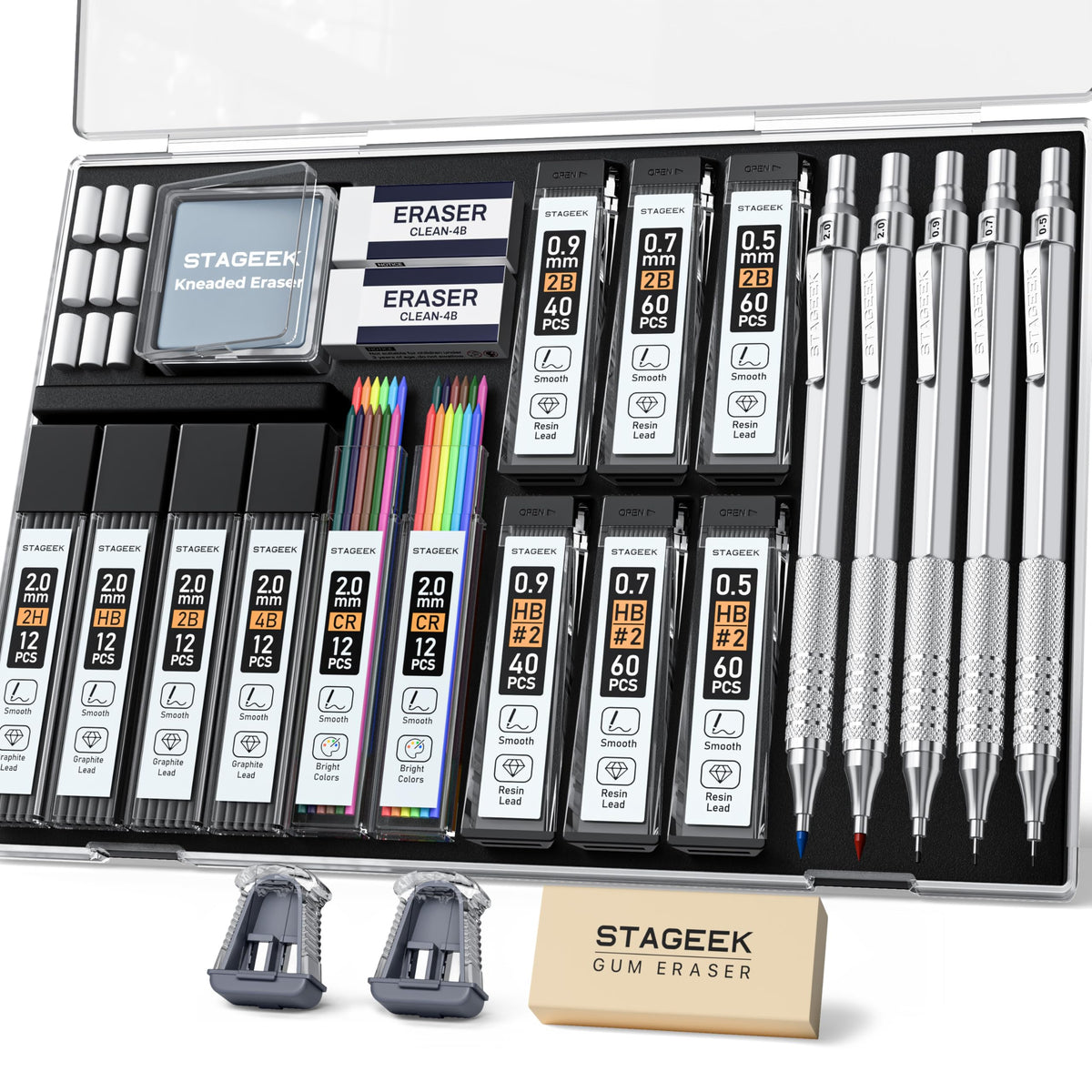 STAGEEK 25PCS Art Mechanical Pencil Set, 3PCS Metal lead pencil 0.5, 0.7, 0.9, 2PCS 2mm Drawing