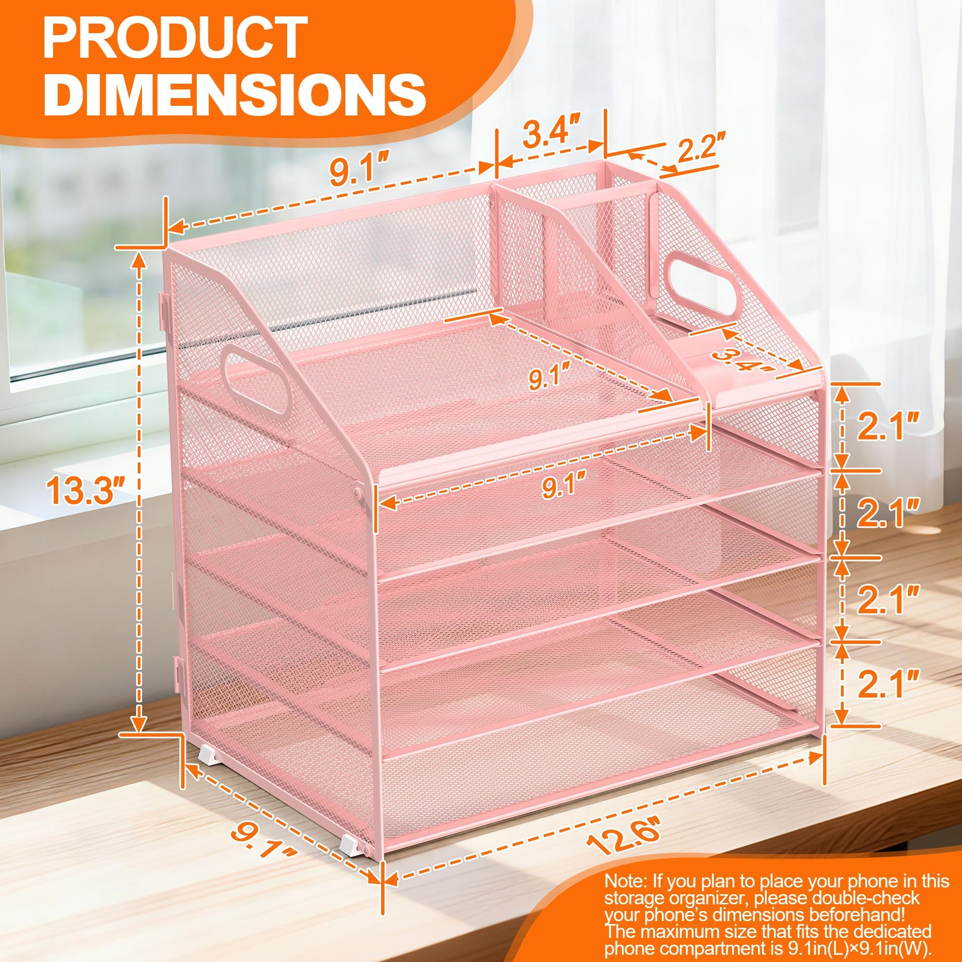 DocNest 5 Tier Metal Mesh Desk File Organizer with Phone Shelf, Pink