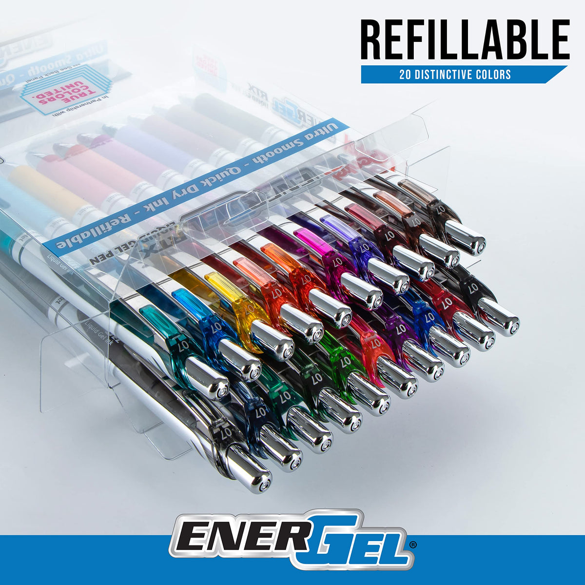 Pentel EnerGel RTX True Colors United 0.7mm Medium Line, 20 Assorted ink Colors, Pack of 20 pens