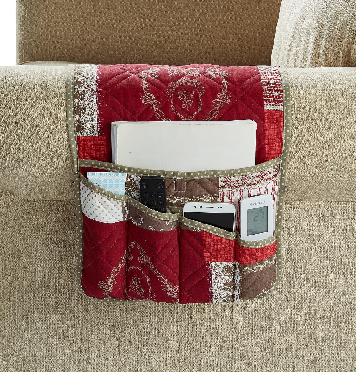 Brilliant Sunshine Burgundy Toile Floral Couch Armrest Cover, 35"×13"