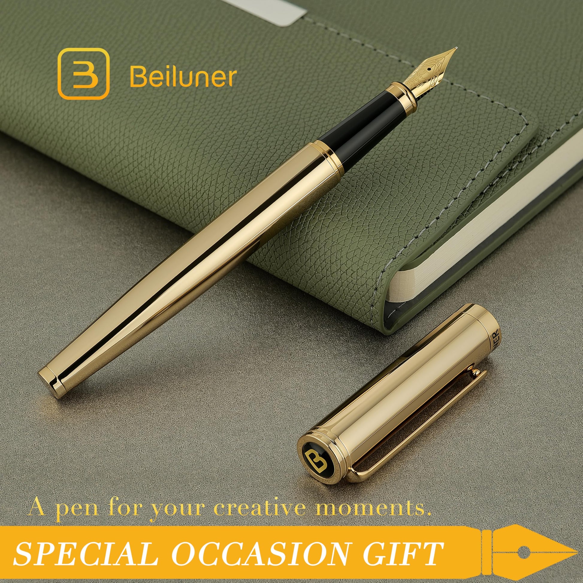 BEILUNER Gold Fountain Pen,Stunning Luxury Pens with 24K Gold Finish, Gorgeous 24K Gilded