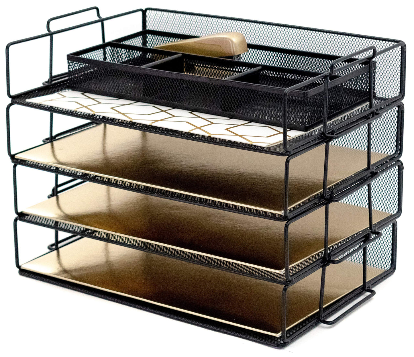 BLU MONACO 4-Tier Stackable Paper Tray for Desk Organization | Black Metal Mesh Letter File Holder
