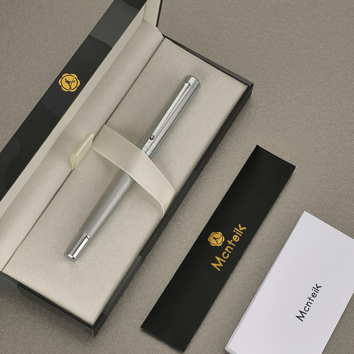 MCNTEIK Silver Rollerball Pen, Stunning Luxury Pen with Mesh Texture Design, Bright Silver Chrome