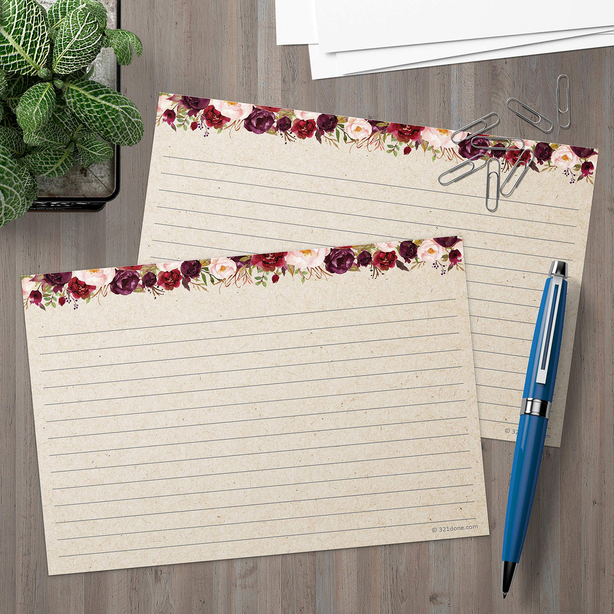 321Done Ruled Index Cards, Large 5x7, Set of 50, Red Roses on Tan