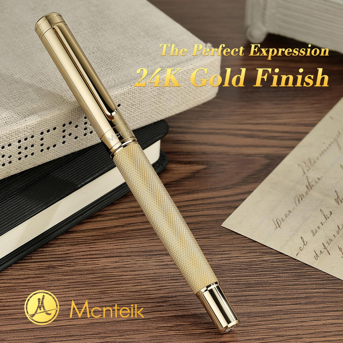 MCNTEIK Gold Personalized Rollerball Pen, Stunning Luxury Pen with Mesh Texture Design and 24K Gold