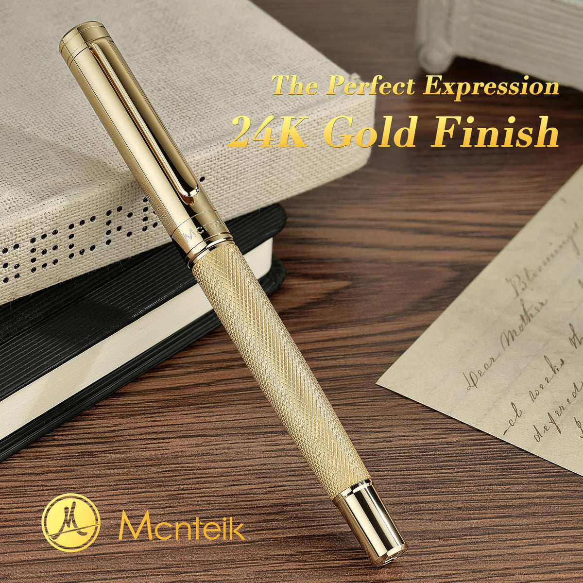 MCNTEIK Gold Personalized Rollerball Pen, Stunning Luxury Pen with Mesh Texture Design and 24K Gold
