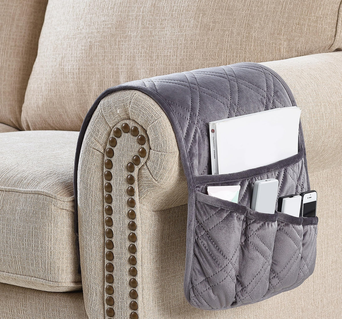 Brilliant Sunshine Grey Velvet Couch Armrest Cover, 35"×13"