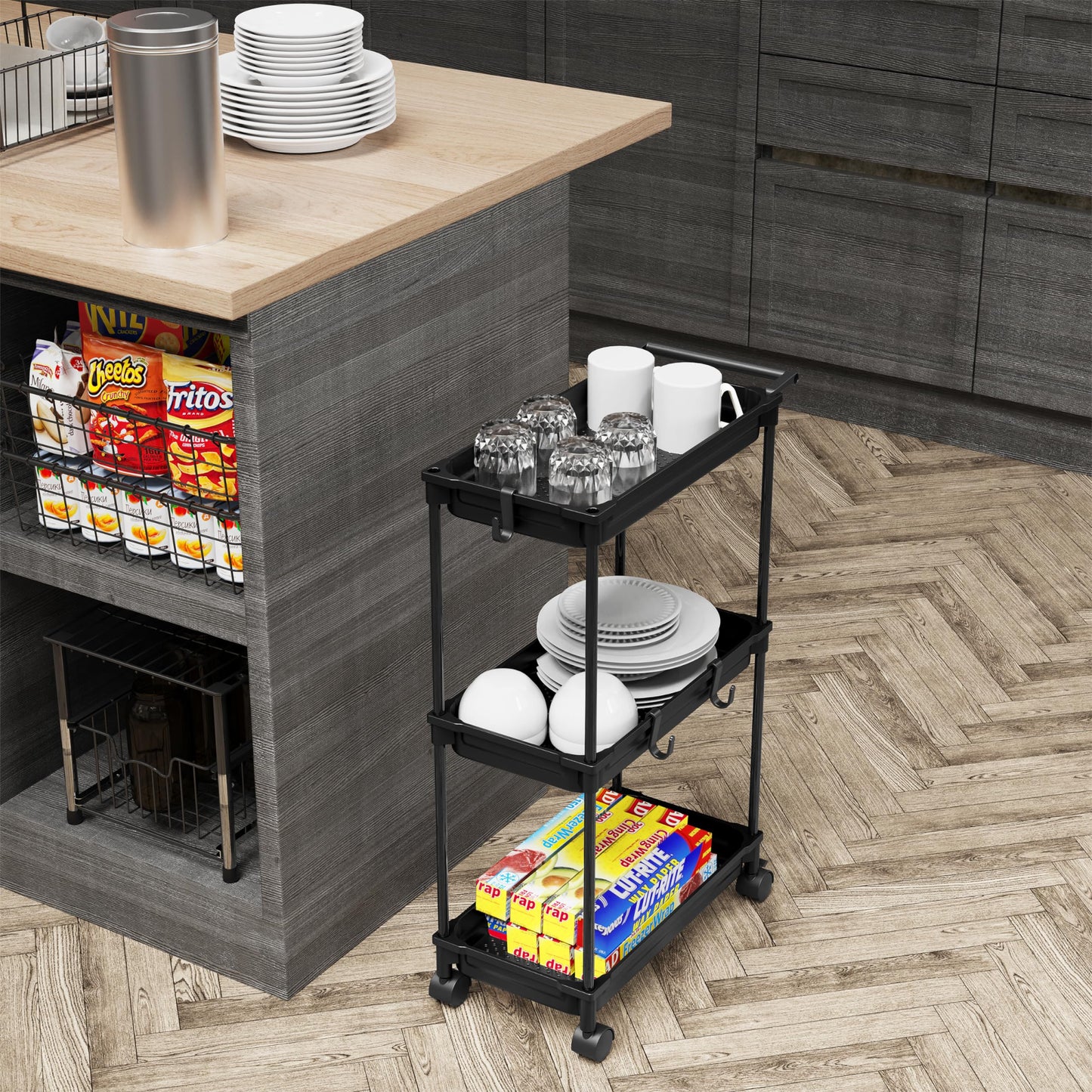 SimpleHouseware Standard 3-Tier Slim Rolling Storage Cart, Black