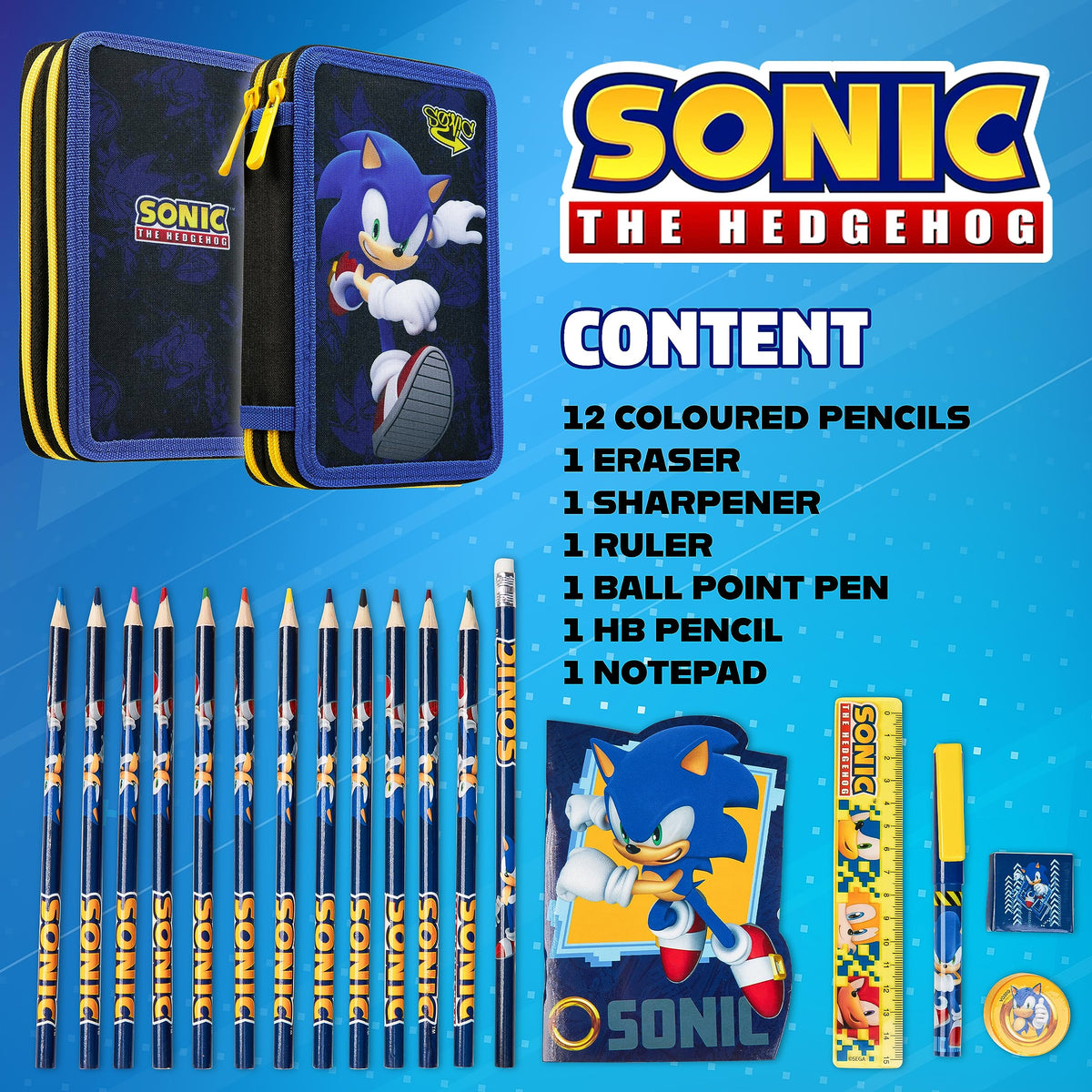 SONIC THE HEDGEHOG Pencil Case for Kids Stationery Set Pens Colored Pencils Mini Notebook School