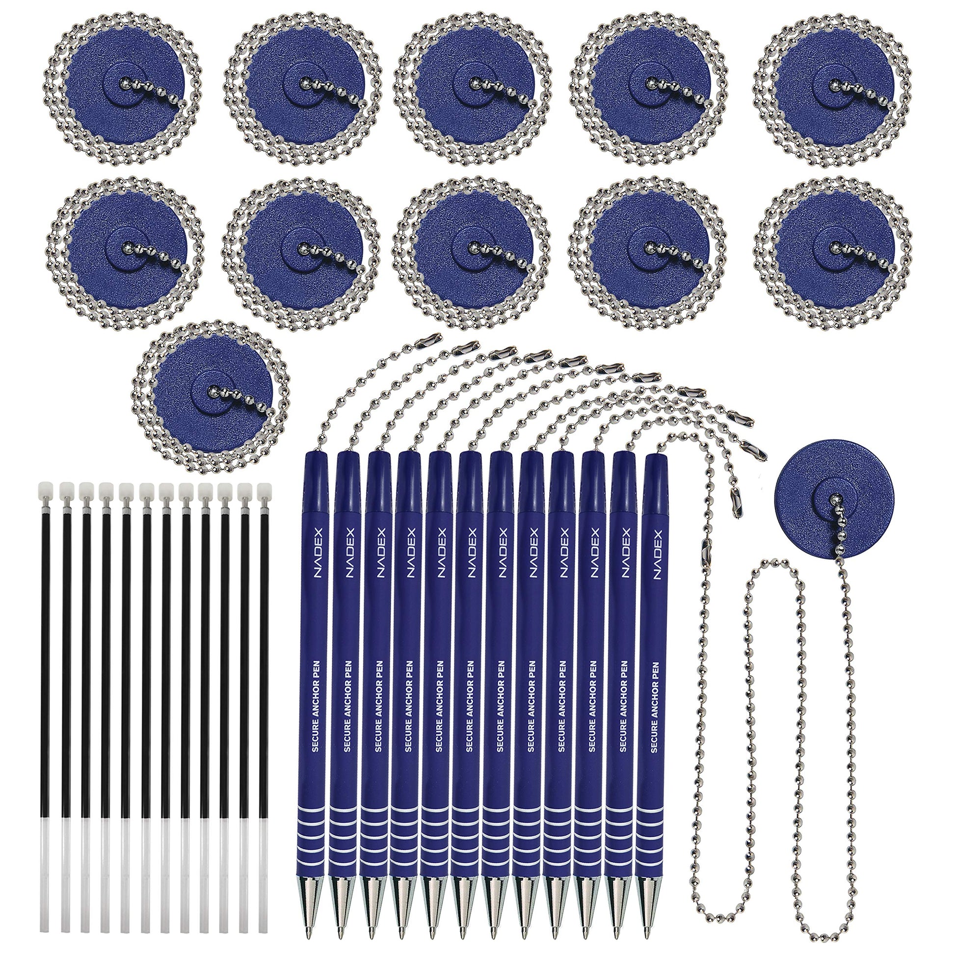 Nadex Ball and Chain Security Pen Set | 12 Pens, 12 Adhesive Mounts, and 12 Refills (Blue)