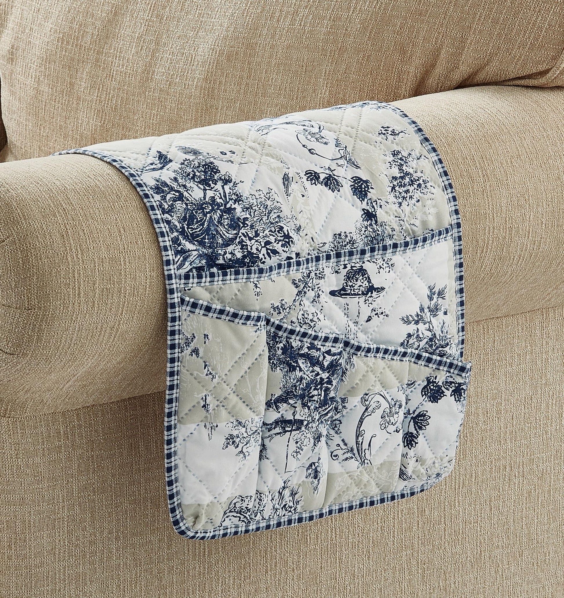 Brilliant Sunshine Blue & Beige Toile Couch Armrest Cover, 35"×13"