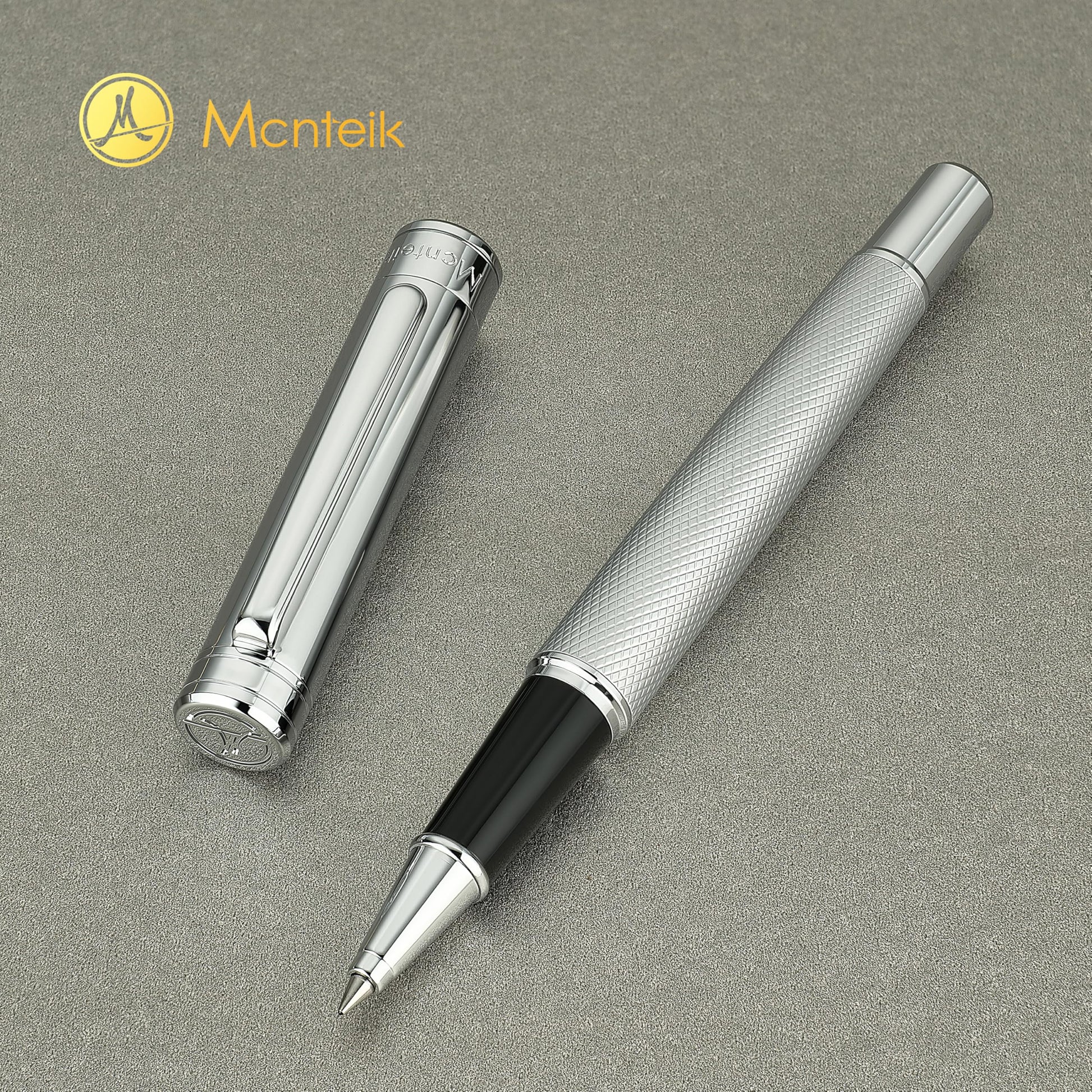 MCNTEIK Silver Rollerball Pen, Stunning Luxury Pen with Mesh Texture Design, Bright Silver Chrome