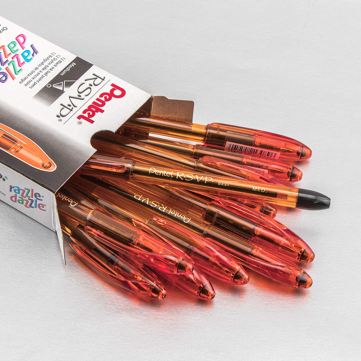 Pentel RSVP Razzle-Dazzle Ballpoint Pen, (1.0mm) Medium Line, Orange Barrel, Black Ink, Box of 12