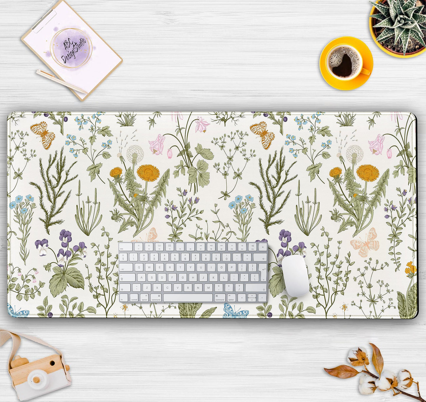 Cute Flowers Desk Mat Pressed Dried Floral Mouse Pad Neutral Beige Sage Green XXL Large Extended