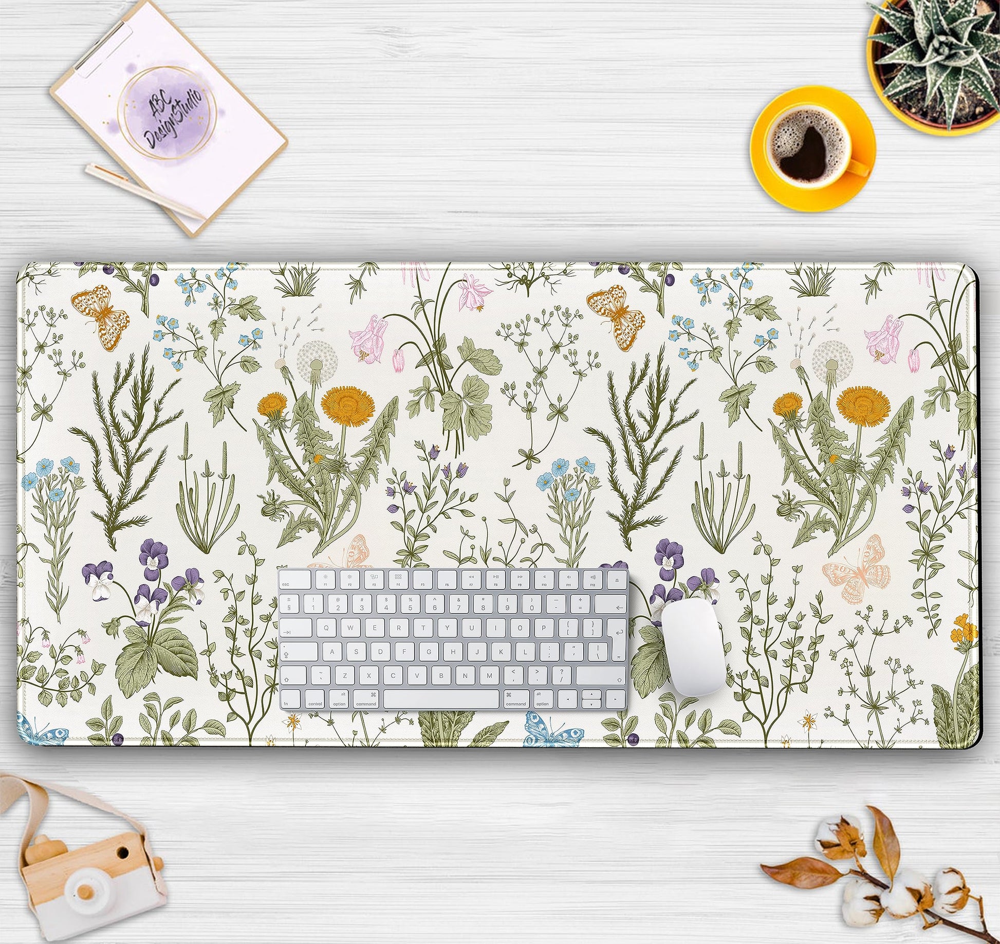 Cute Flowers Desk Mat Pressed Dried Floral Mouse Pad Neutral Beige Sage Green XXL Large Extended