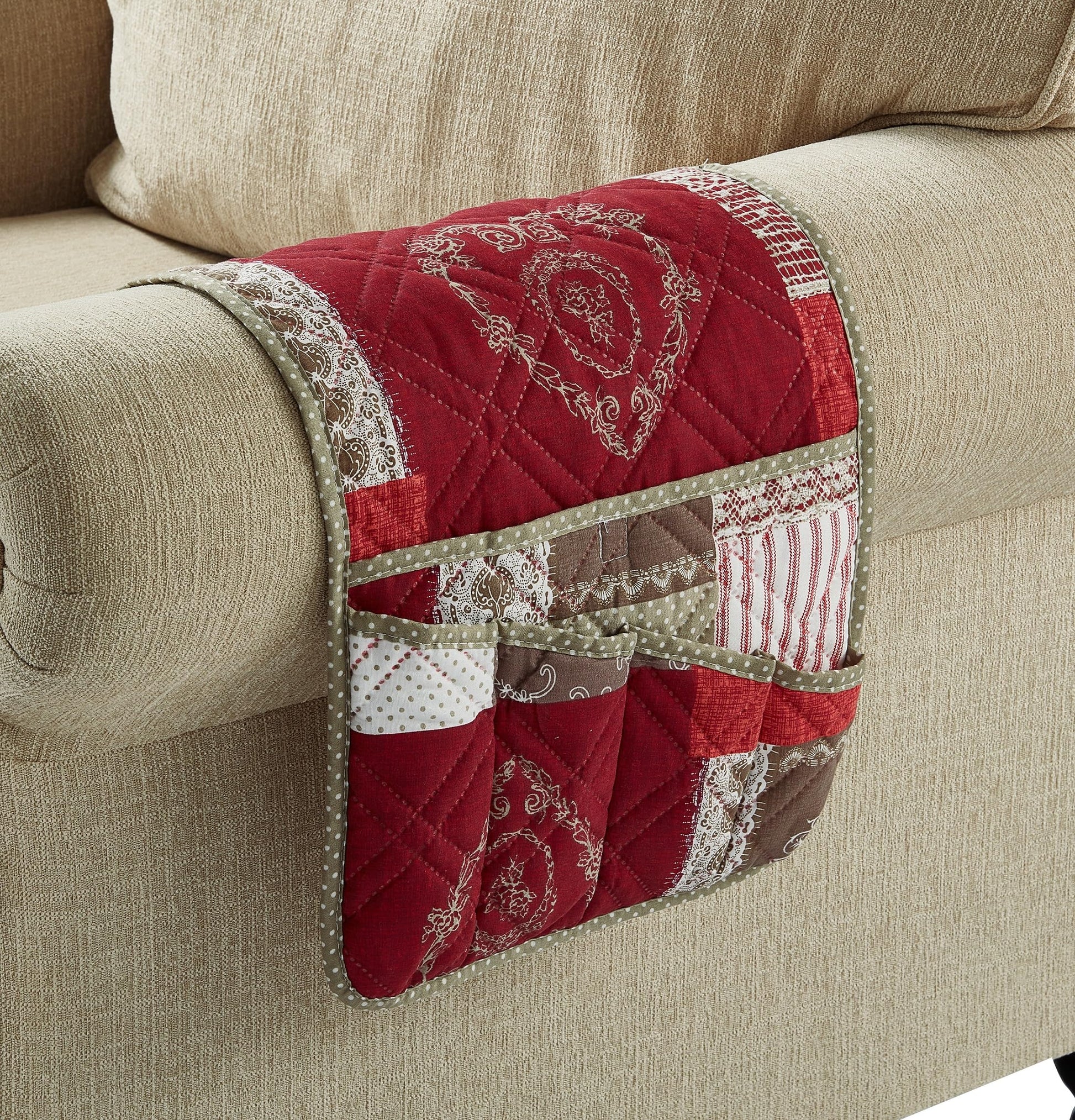 Brilliant Sunshine Burgundy Toile Floral Couch Armrest Cover, 35"×13"