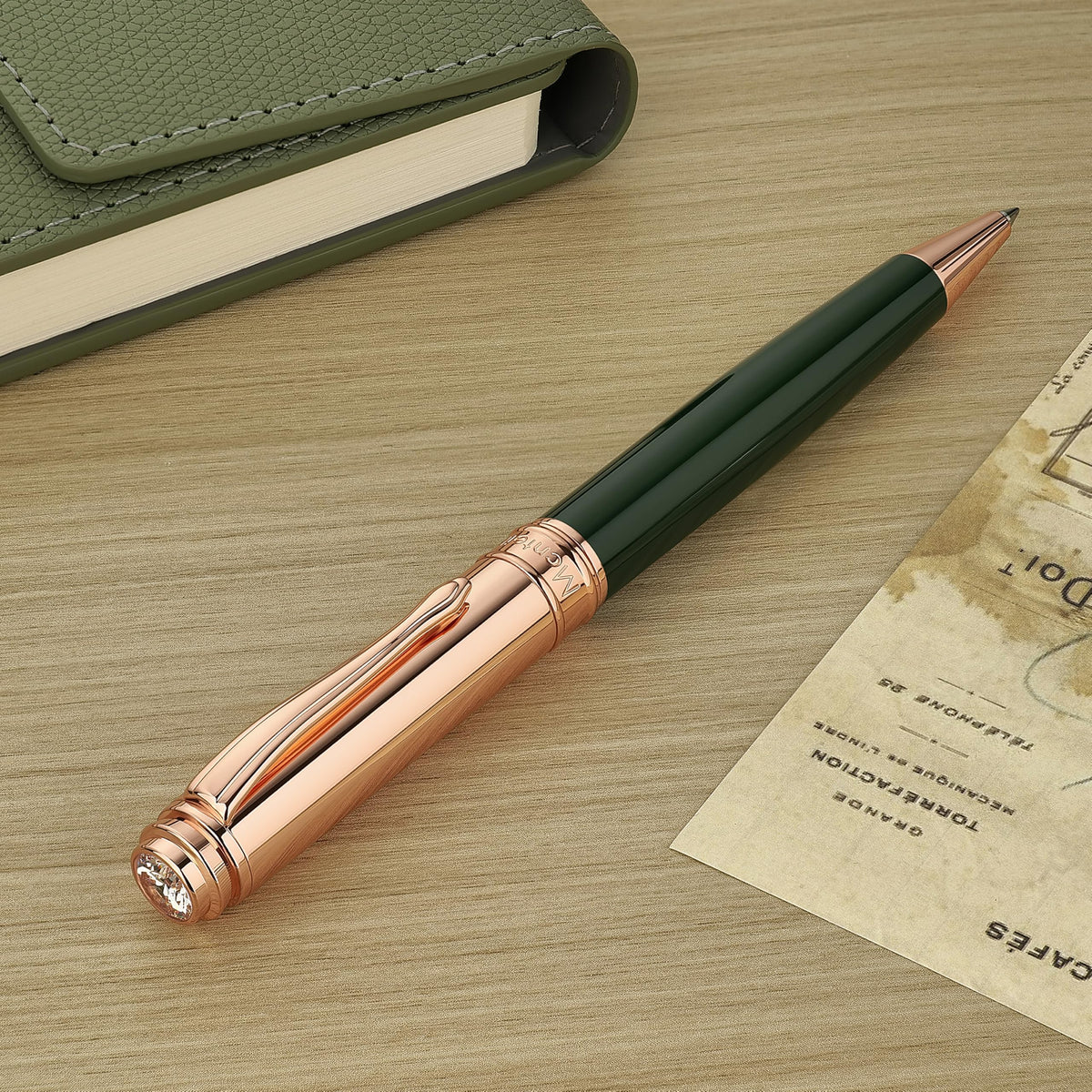 MCNTEIK Luxury Gel Pen, Top Set With 8mm Brilliant Diamond,Dark Green Pen Body,Attractive Rose Real