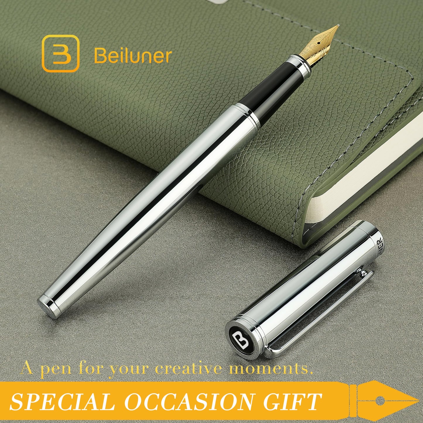 BEILUNER Silver Fountain Pen,Stunning Luxury Pens with Bright Silver Chrome, Gorgeous 24K Gilded