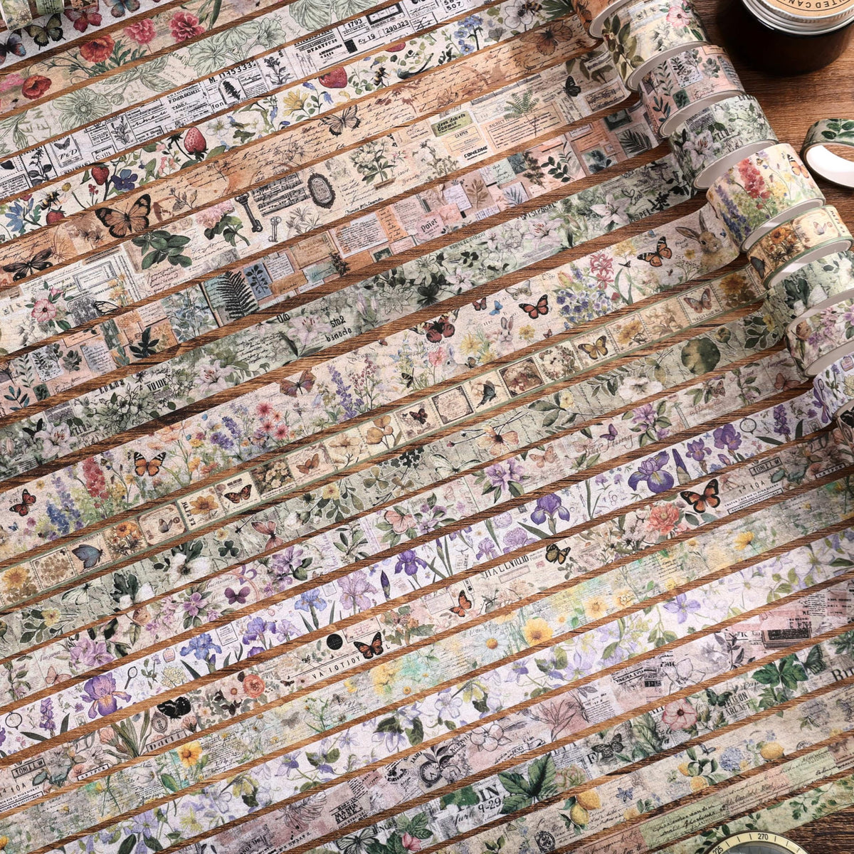 42 Rolls Vintage Washi Tape Set, Delicate Butterfly & Lush Floral Botanical Themed Writable