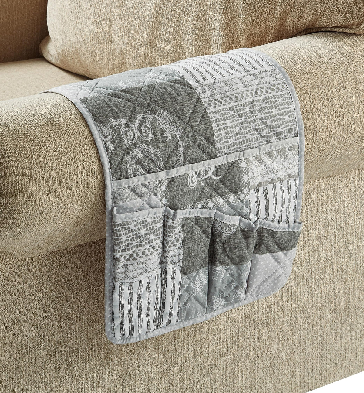 Brilliant Sunshine Grey Toile Floral Couch Armrest Cover, 35"×13"