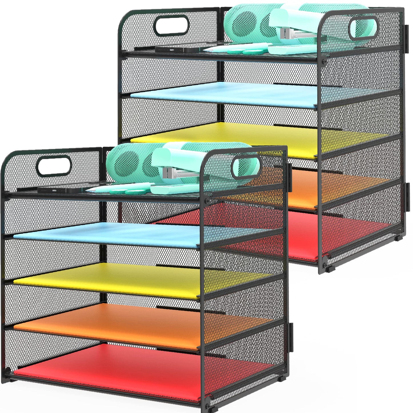 2 Pack Letter Tray 5-Tier Desk Organizer File Paper Holder with Handle, Metal Desktop Document