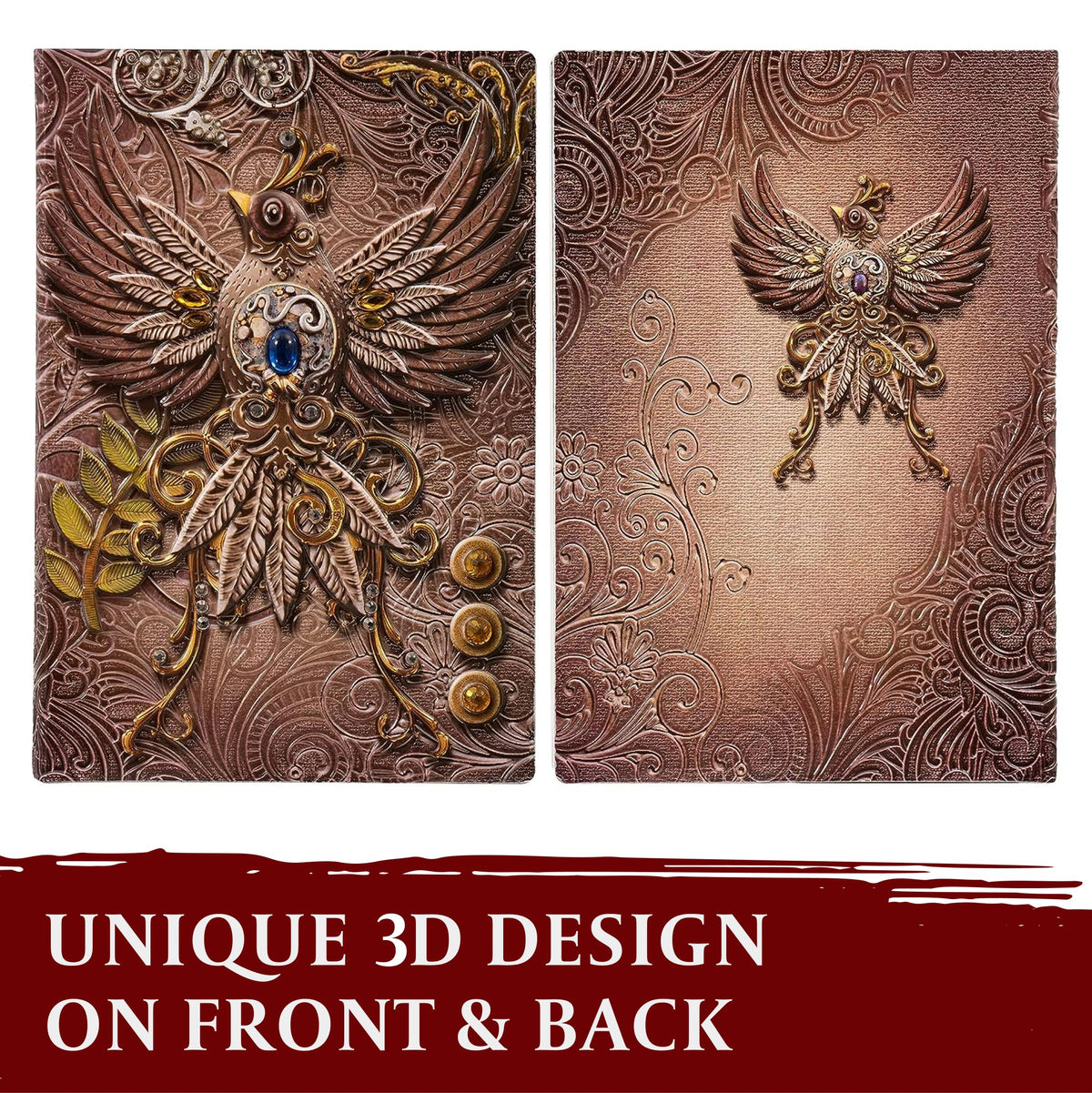 DND Notebook / Journal, Unique 200 Page Book with 3D Pink Phoenix Embossed Faux Leather Cover with