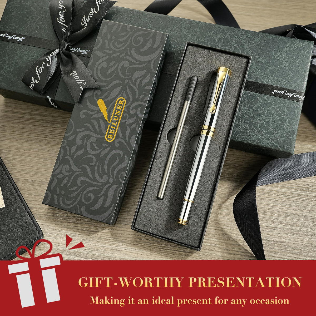 BEILUNER Personalized Pen, Bright Silver Chrome Metal Pen with Golden Trim
