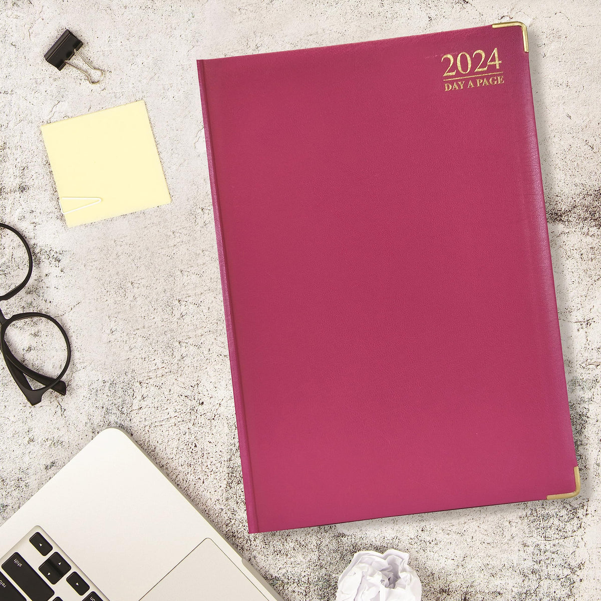 G4GADGET Luxury 2024 A5 Pink Day A Page Diary Padded Front & Hardback Cover Gilt Edges