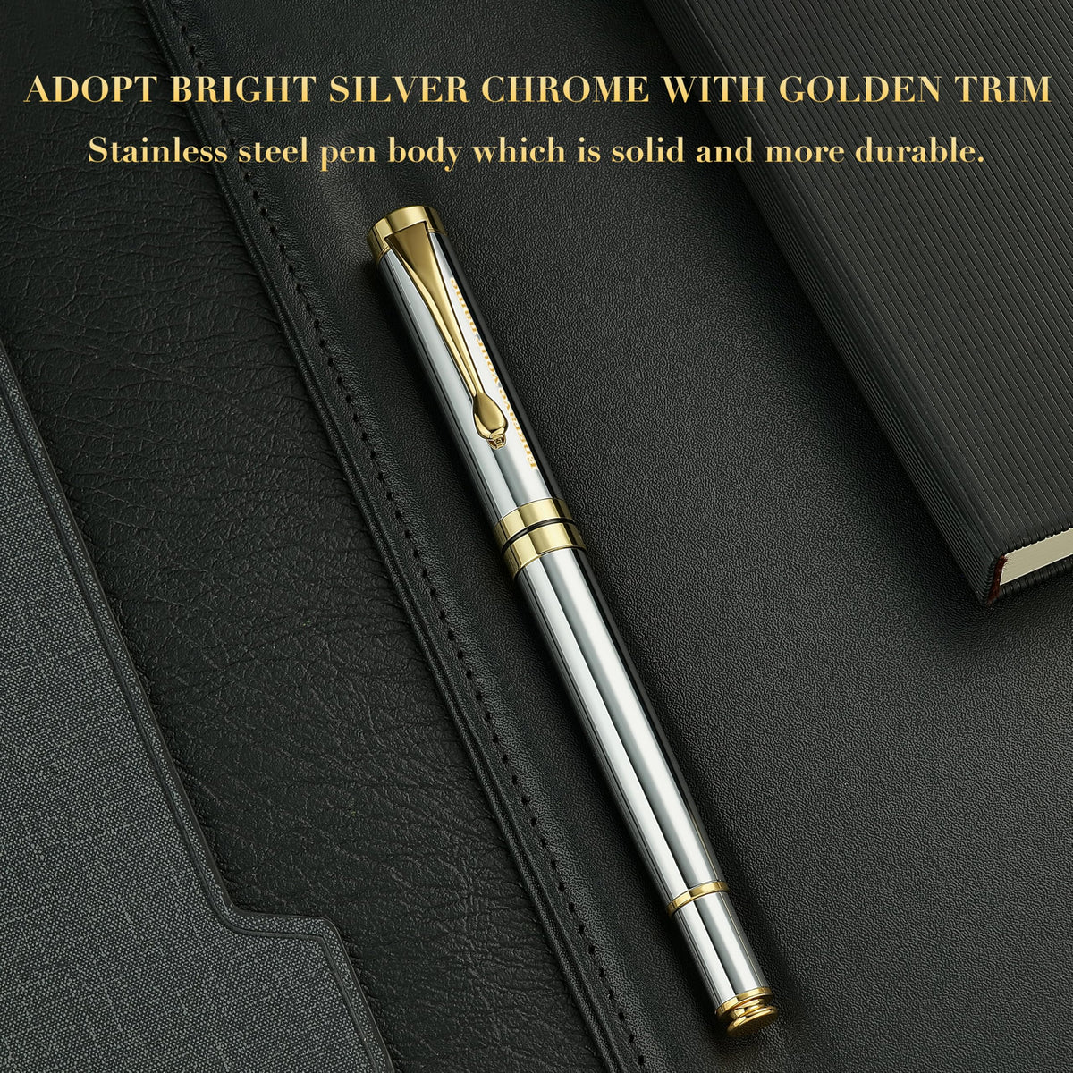 BEILUNER Personalized Pen, Bright Silver Chrome Metal Pen with Golden Trim