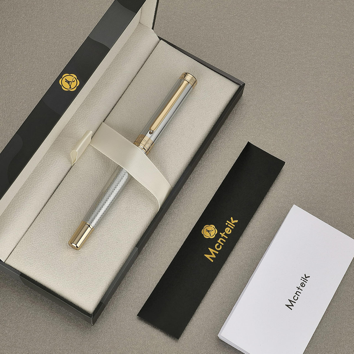 MCNTEIK Silver Chrome Rollerball Pen, Stunning Luxury Pen with Mesh Texture Design、Silver Chrome