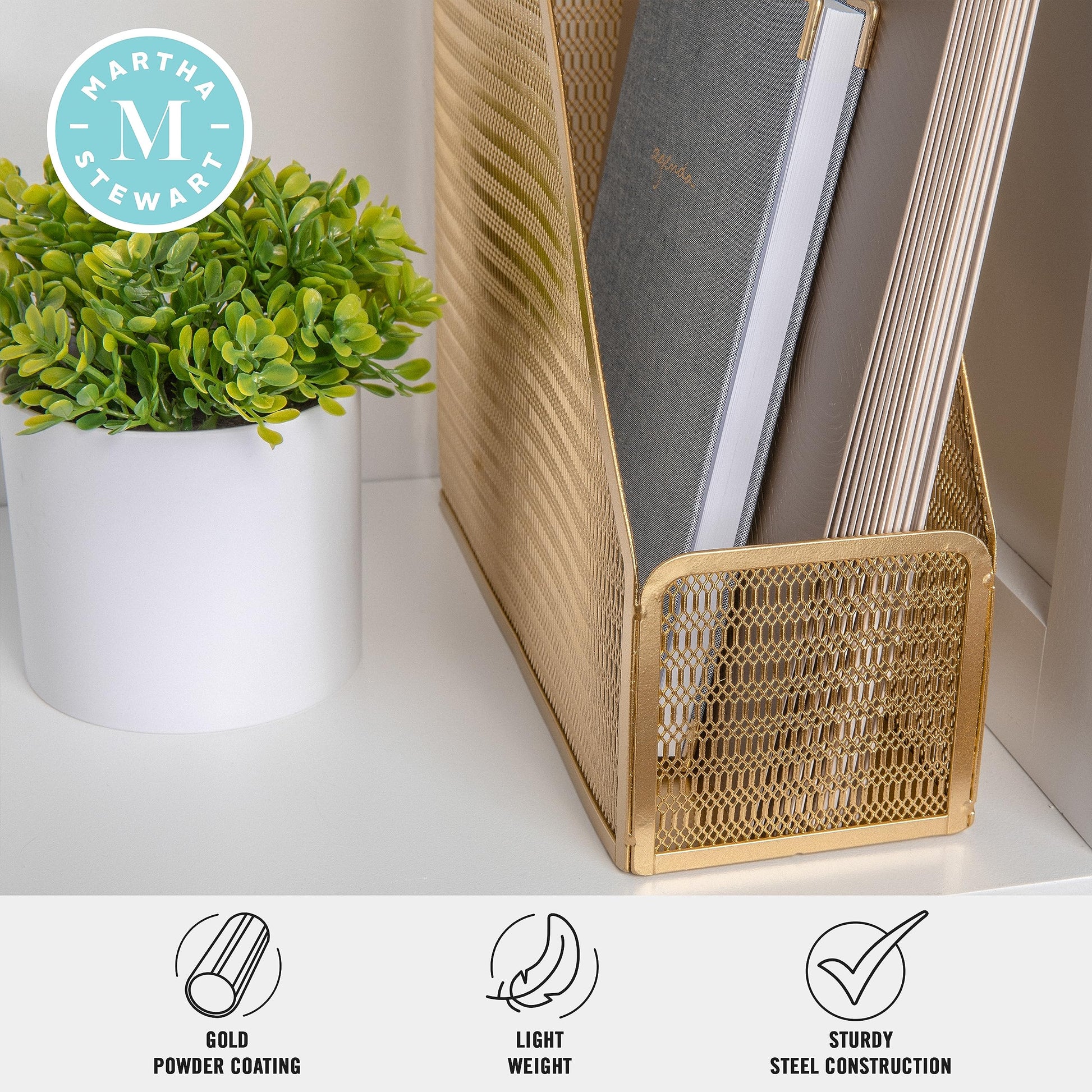 Martha Stewart Ryder Mesh Metal Magazine File Holder, Gold