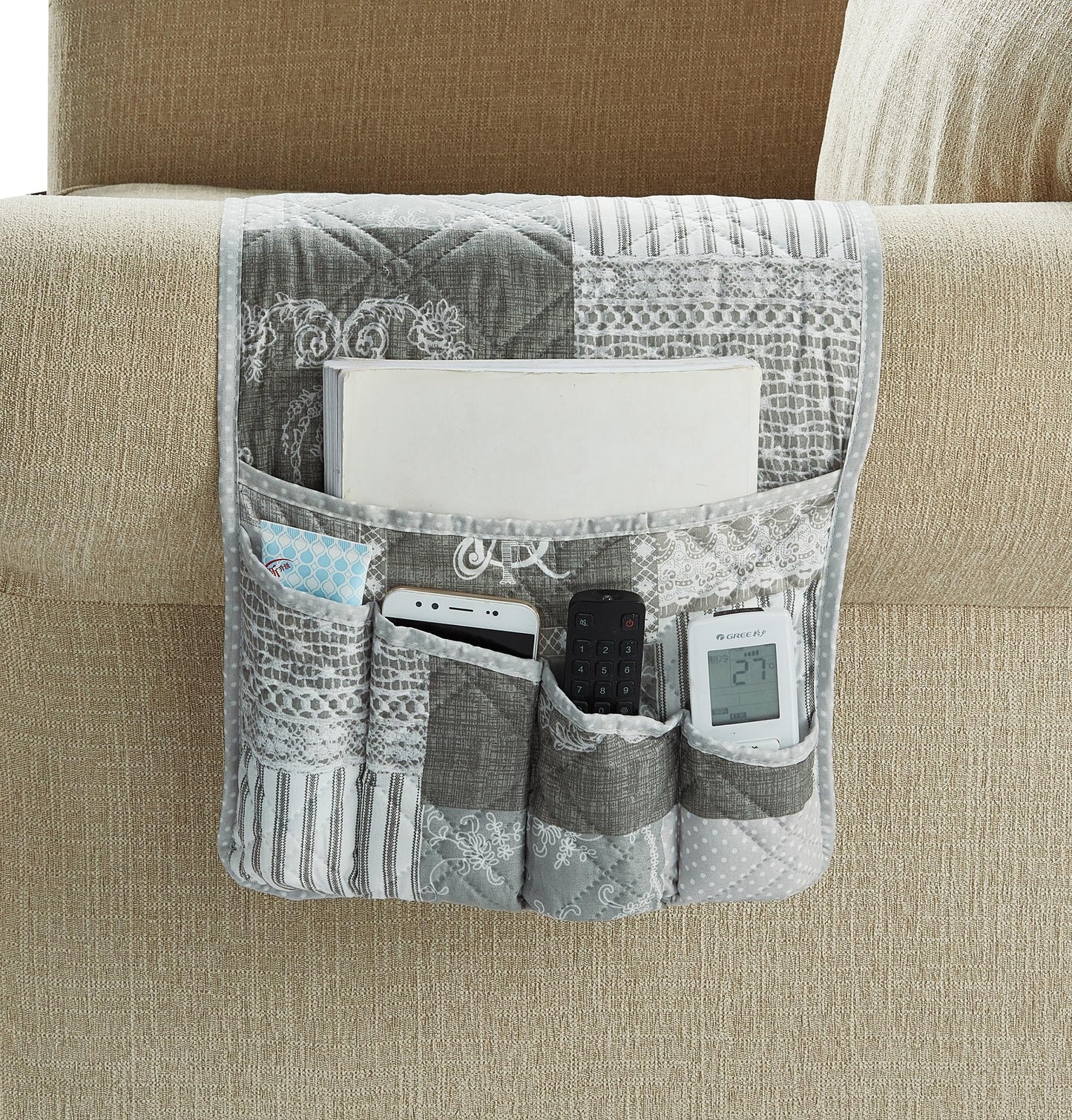 Brilliant Sunshine Grey Toile Floral Couch Armrest Cover, 35"×13"