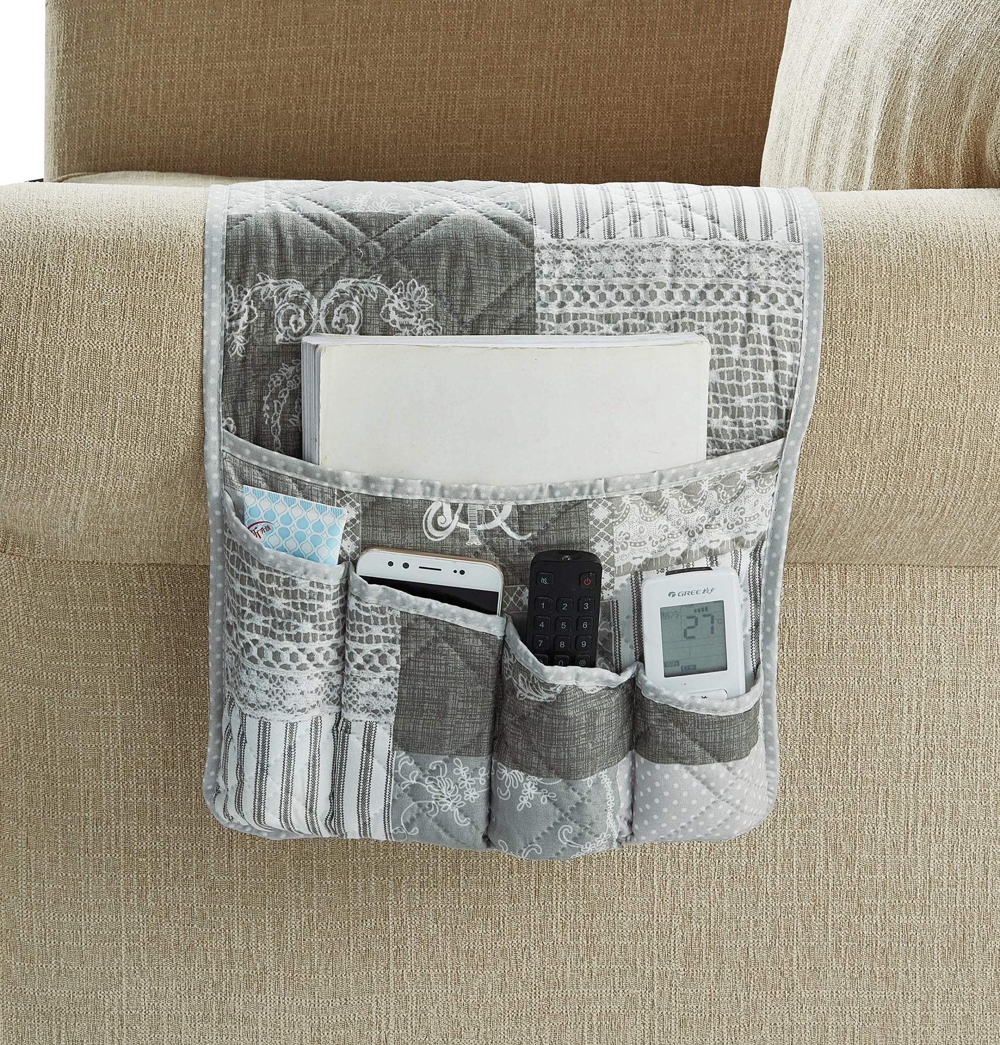 Brilliant Sunshine Grey Toile Floral Couch Armrest Cover, 35"×13"