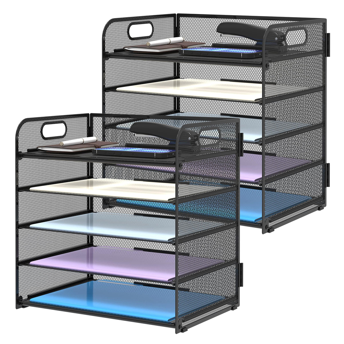 Supeasy 2 Pack 5-Tier Desk Organizer with Handle Mesh Desk File/Paper Organizer Letter Tray for