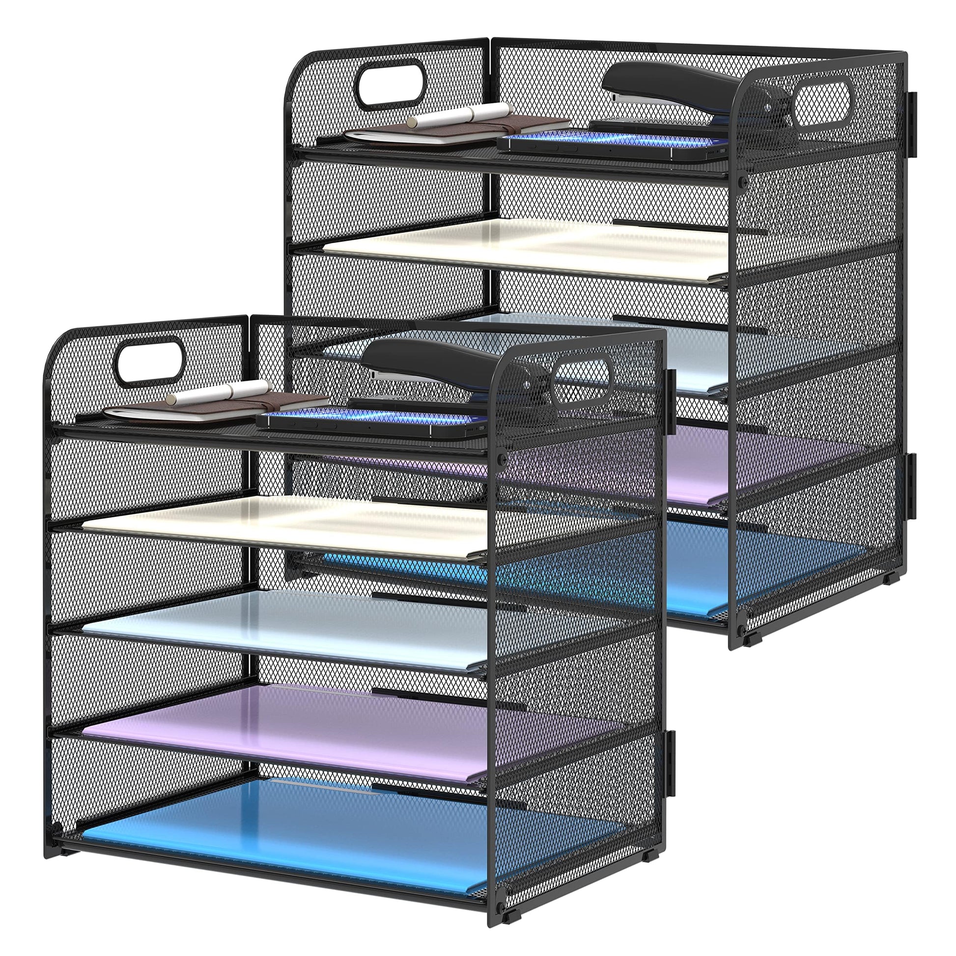 Supeasy 2 Pack 5-Tier Desk Organizer with Handle Mesh Desk File/Paper Organizer Letter Tray for