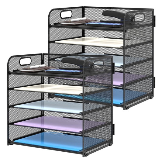 Supeasy 2 Pack 5-Tier Desk Organizer with Handle Mesh Desk File/Paper Organizer Letter Tray for