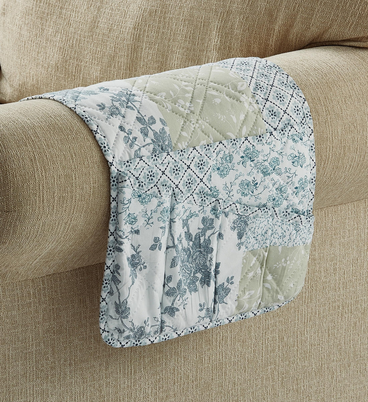 Brilliant Sunshine Blue & Beige Floral Couch Armrest Cover, 35"×13"