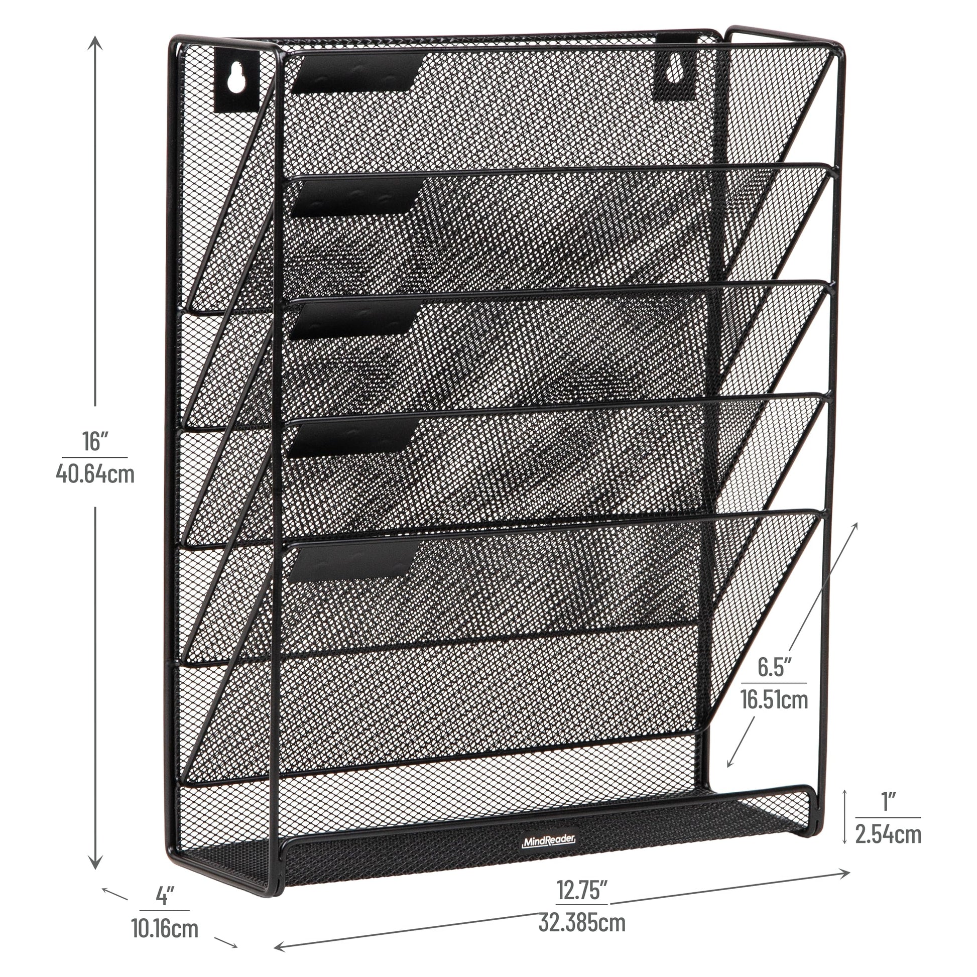 Mind Reader 5-Pocket Vertical File Storage, Desktop Organizer, Wall Mount, Office, Metal Mesh, Black