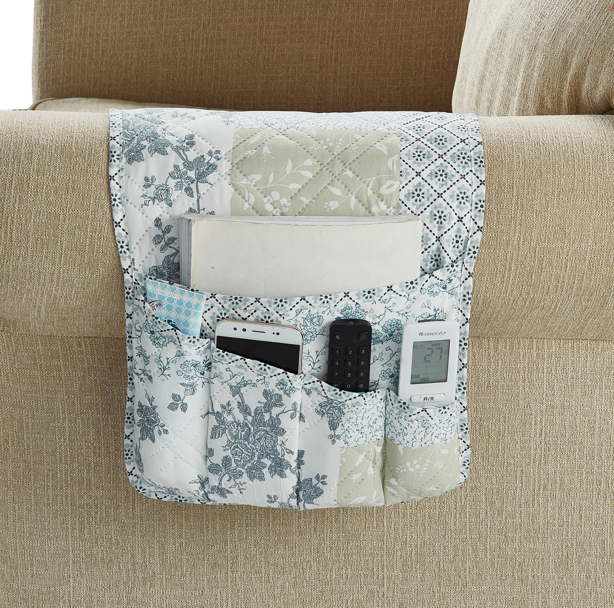 Brilliant Sunshine Blue & Beige Floral Couch Armrest Cover, 35"×13"