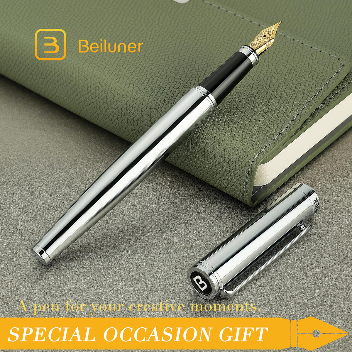 BEILUNER Silver Fountain Pen,Stunning Luxury Pens with Bright Silver Chrome, Gorgeous 24K Gilded