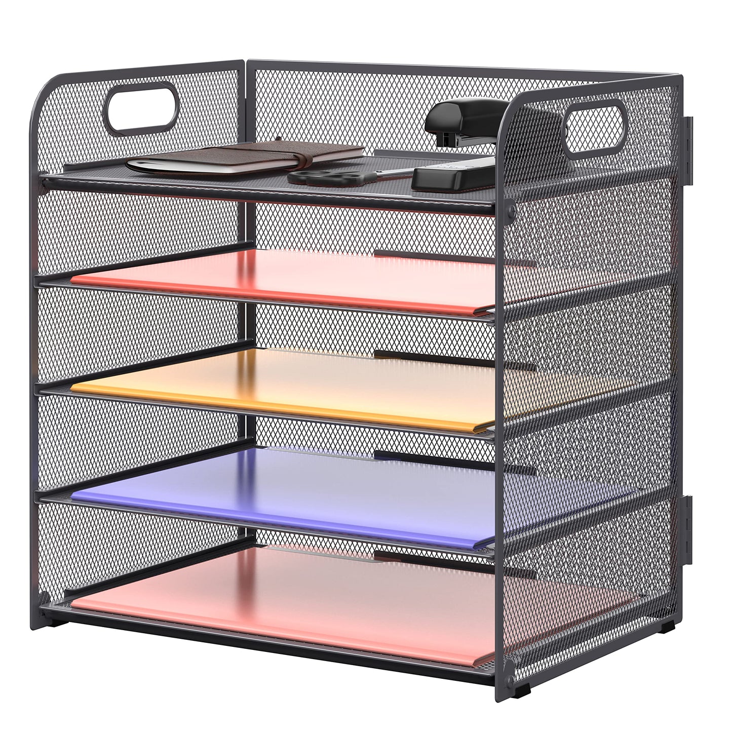 Supeasy 5 Trays Paper Organizer Letter Tray with Handle-Mesh Desk File Organizer, Grey Paper Sorter