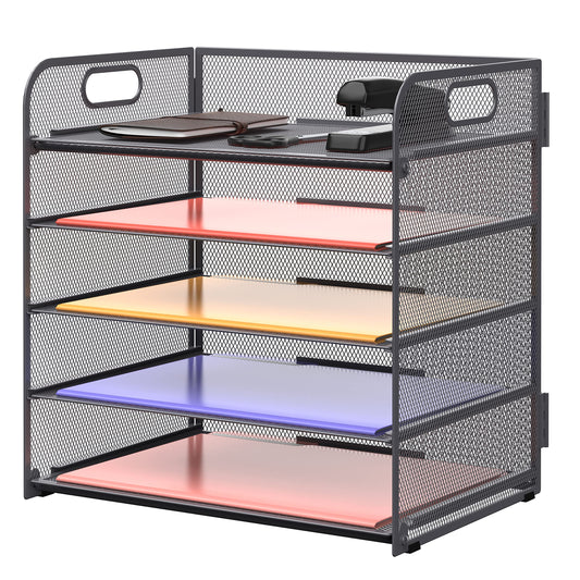 Supeasy 5 Trays Paper Organizer Letter Tray with Handle-Mesh Desk File Organizer, Grey Paper Sorter