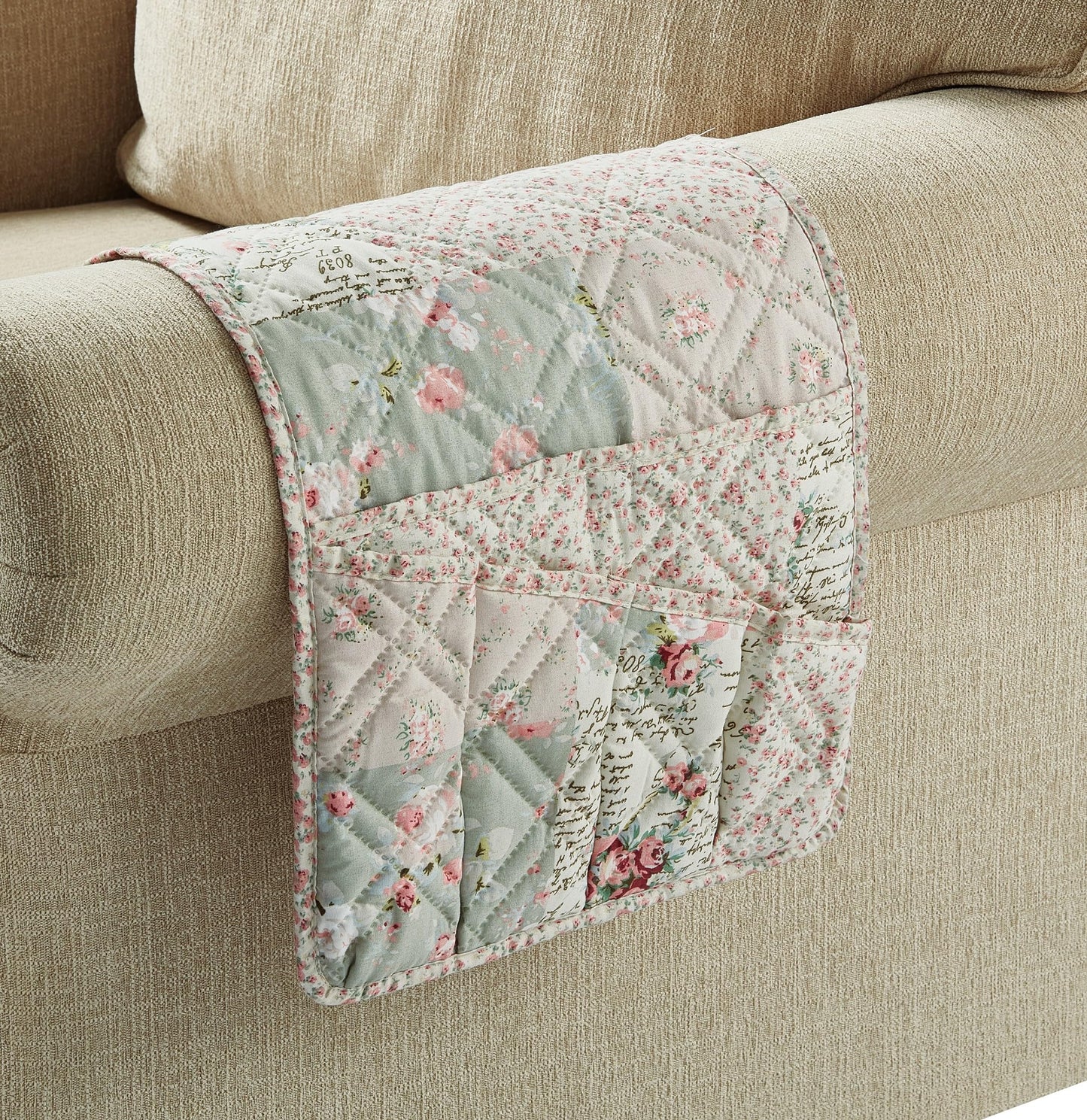 Brilliant Sunshine Soft Pink Rose & Sage Couch Armrest Cover, 35"×13"