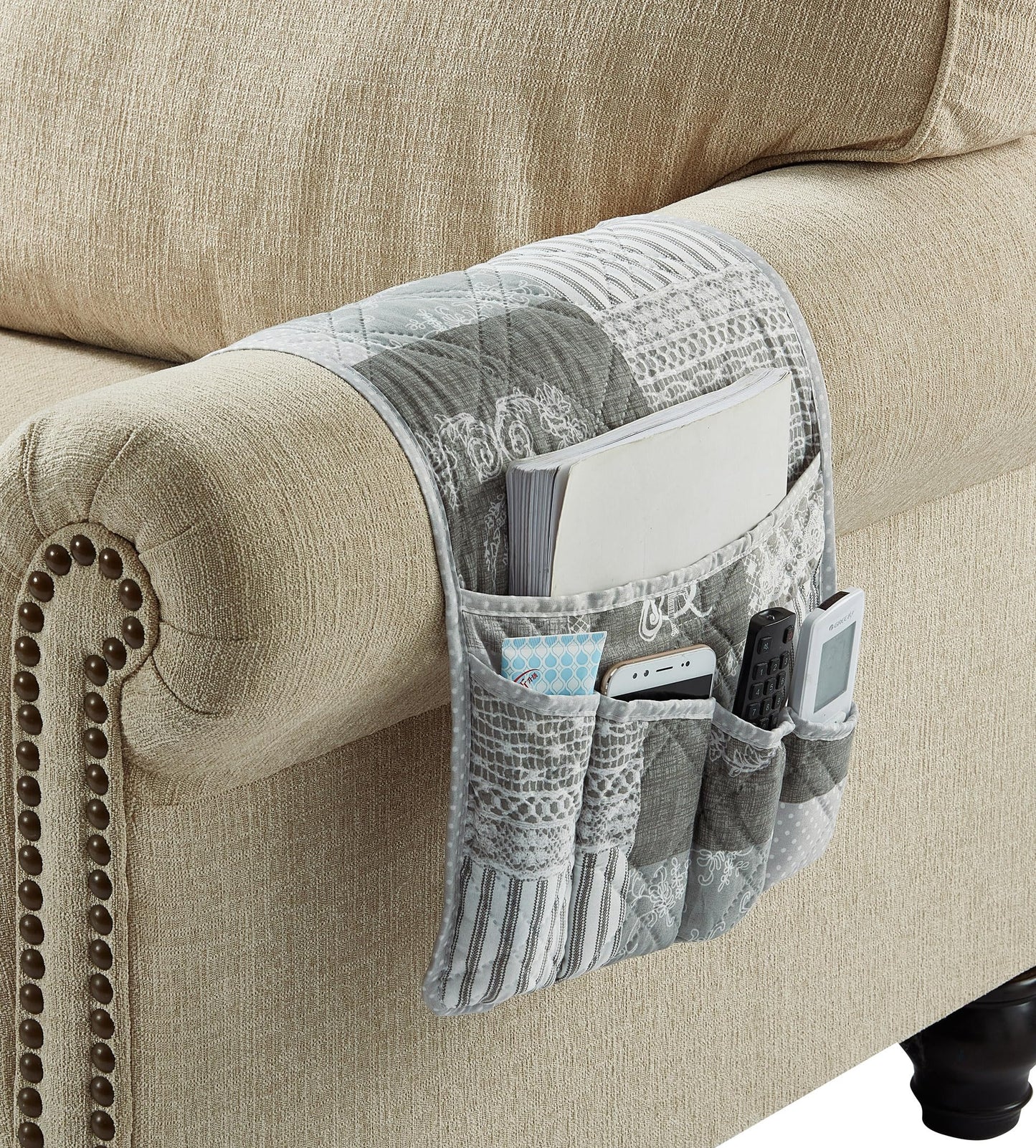 Brilliant Sunshine Grey Toile Floral Couch Armrest Cover, 35"×13"
